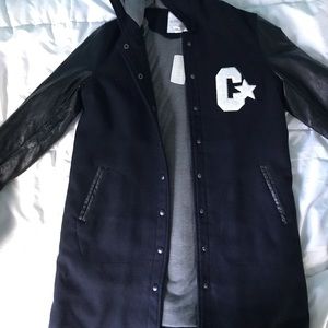 Outerwear jacket . Navy Blue leather sleeves